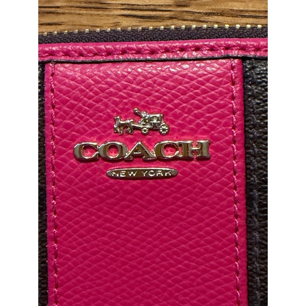 NEW Coach Accordion Zip Around Wallet Signature Canvas Brown / Dark Magenta - Picture 2 of 10